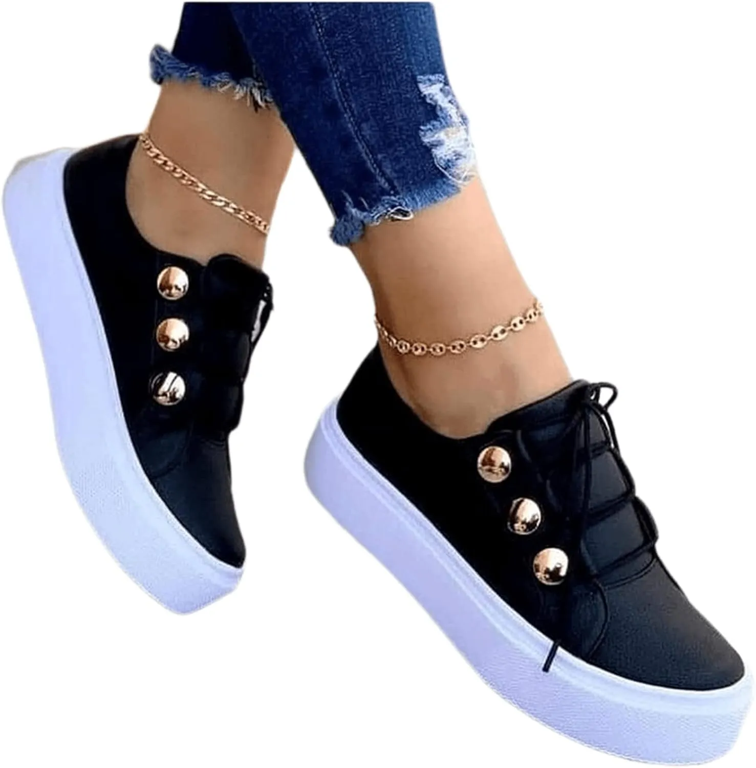 Ladmiple Shoes For Women Sneakers Slip Ons PU Leather Shoes Low Top Lace Up Casual Fashion Walking Platform Flats Loafer