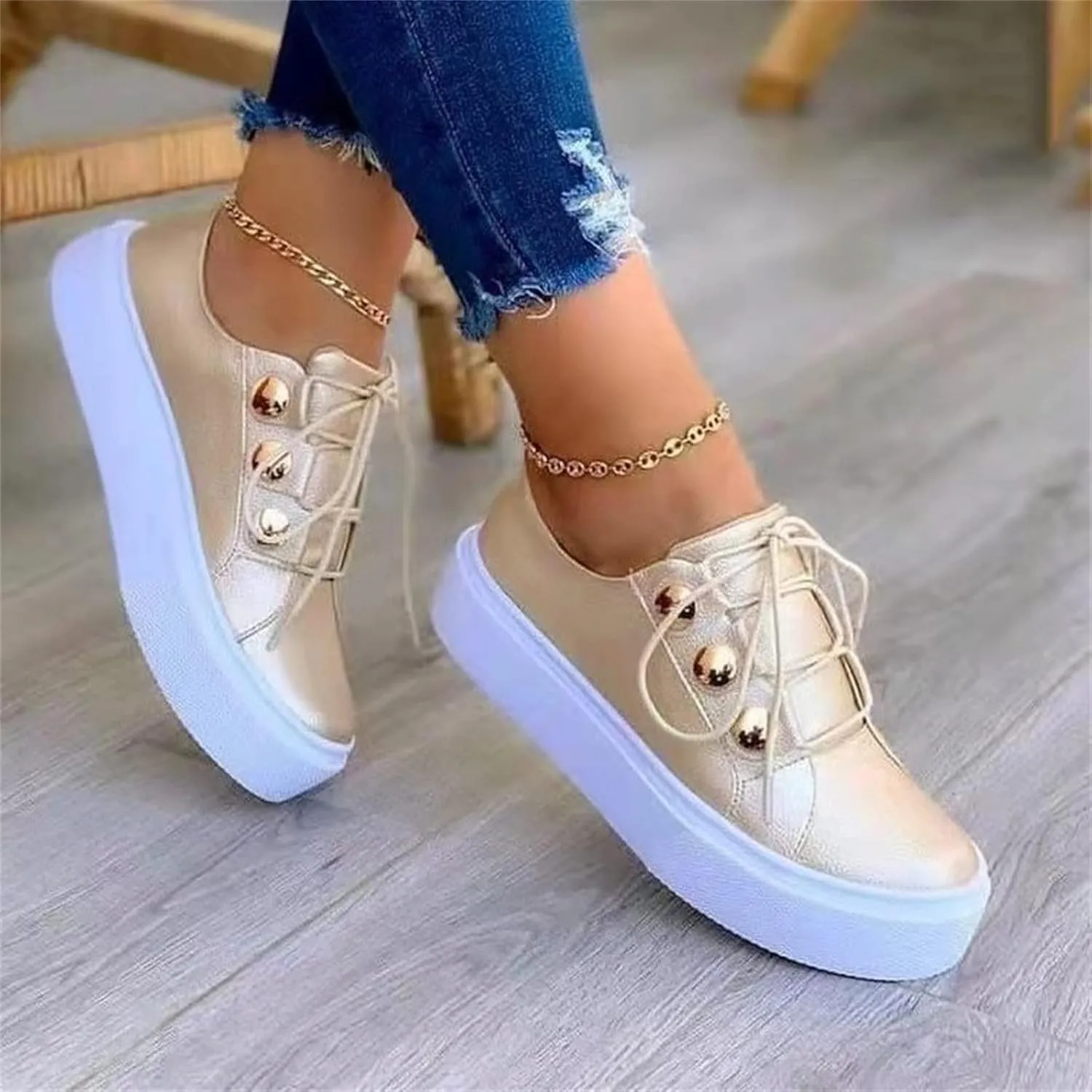Ladmiple Shoes For Women Sneakers Trendy Low Top Lace-up Walking Shoes Fashion Summer Slip On Platform Flats Loafers