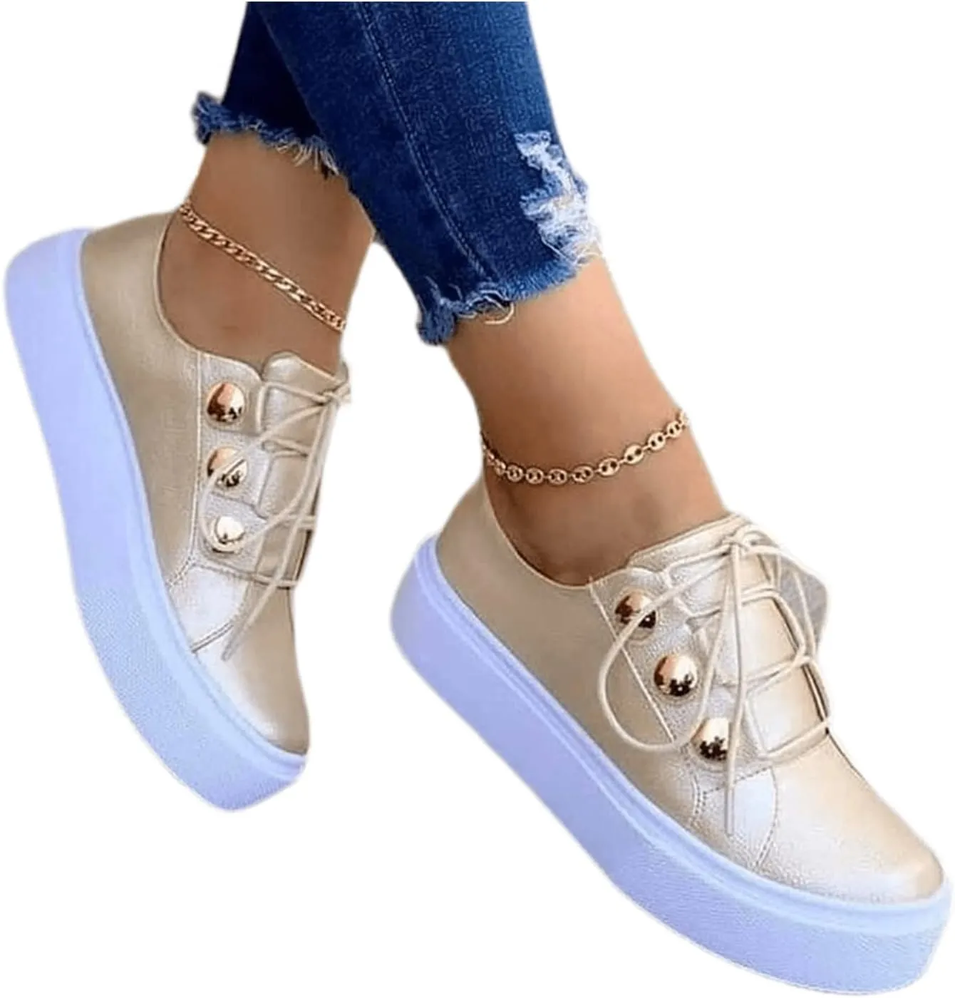 Ladmiple Shoes For Women Sneakers Trendy Low Top Lace-up Walking Shoes Fashion Summer Slip On Platform Flats Loafers