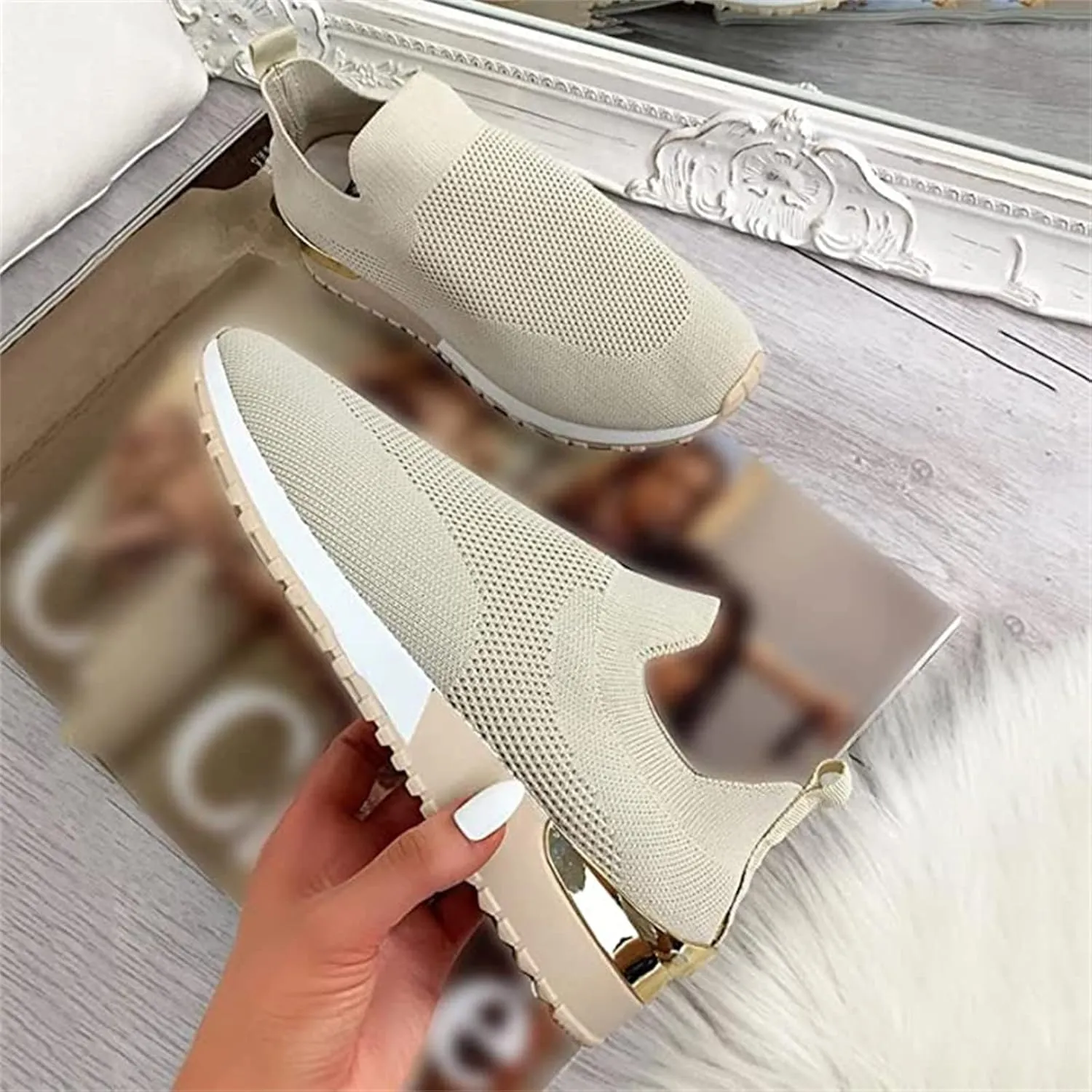 Ladmiple Walking Shoes Women Arch Support Slip On Sneakers Comfort Light Weight Mesh Casual Athletic Tennis Running Sneakers