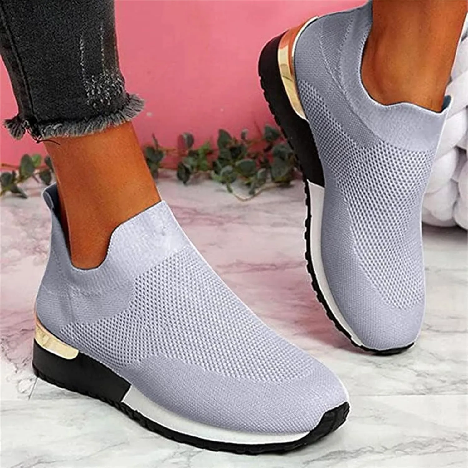 Ladmiple Walking Shoes Women Arch Support Slip On Sneakers Comfort Light Weight Mesh Casual Athletic Tennis Running Sneakers