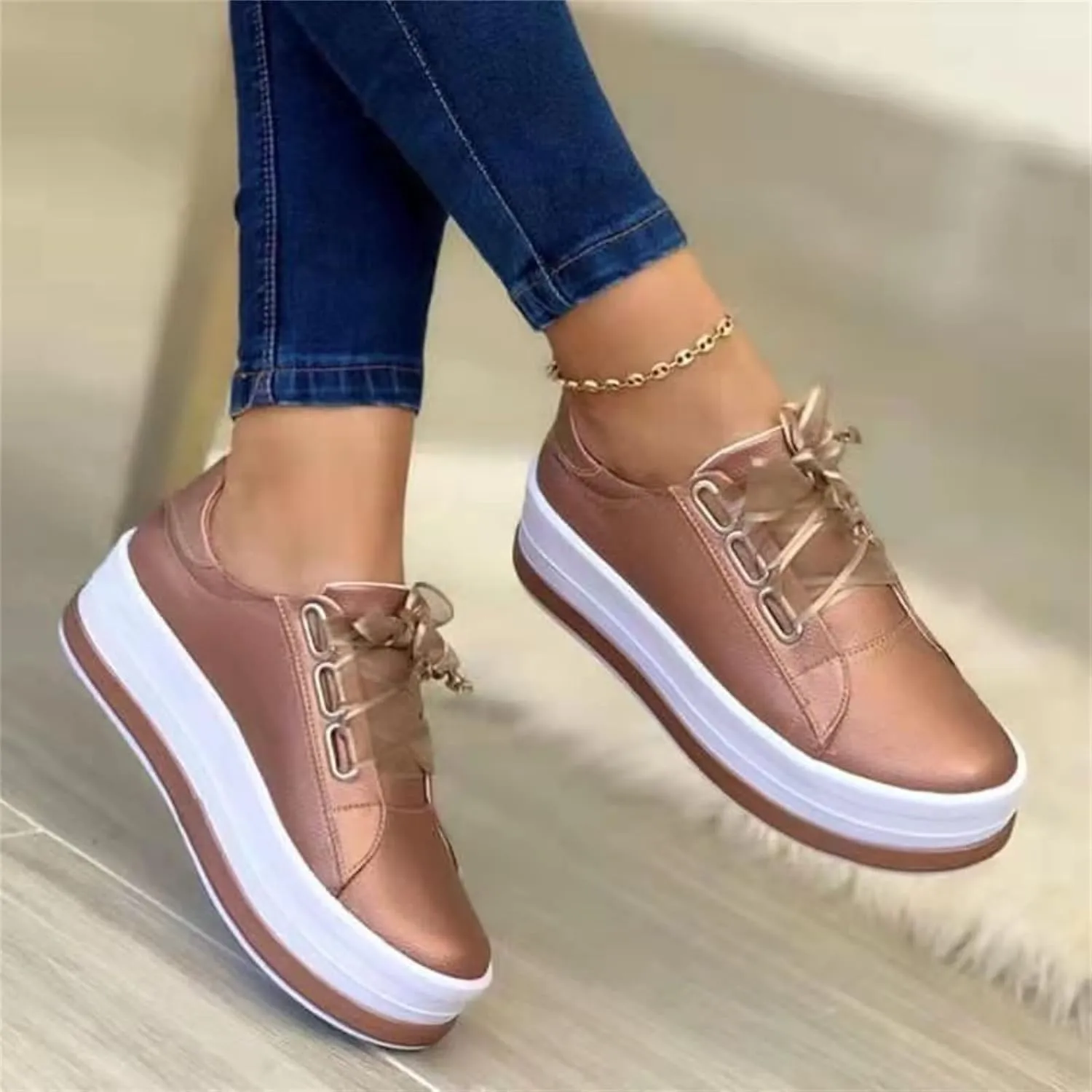 Ladmiple Womens Shoes Dressy Casual Loafers Lace Up Leather Sneaker Fashion Comfortable Slip On Platform Walking Shoes