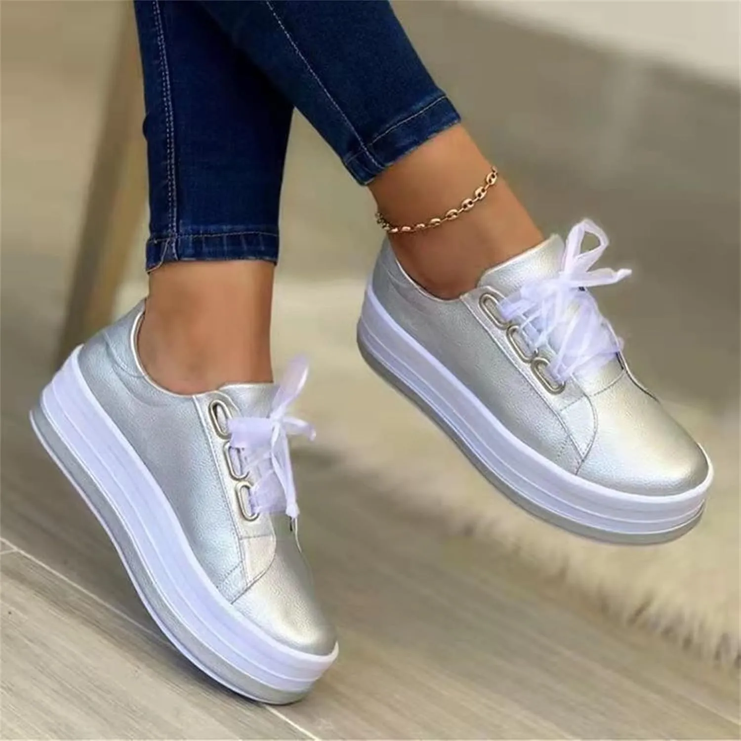 Lausiuoe Sneakers For Women Walking Shoes Comfortable Low Top Leather Sneakers Casual Fashion Lightweight Flat Loafers
