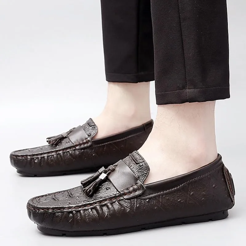 Loafers for Men Round Toe Crocodile Print with Tassel Driving Loafers Comfortable Slip Resistant Lightweight Casual Wedding Slip-ons