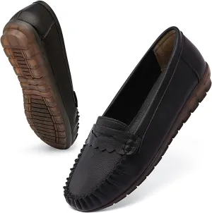 Loafers for Women PU Leather Penny Women's Loafers&Slip-ons Soft Rubber Sole Shoes Standing for a Long time Lace Design Black Size 7
