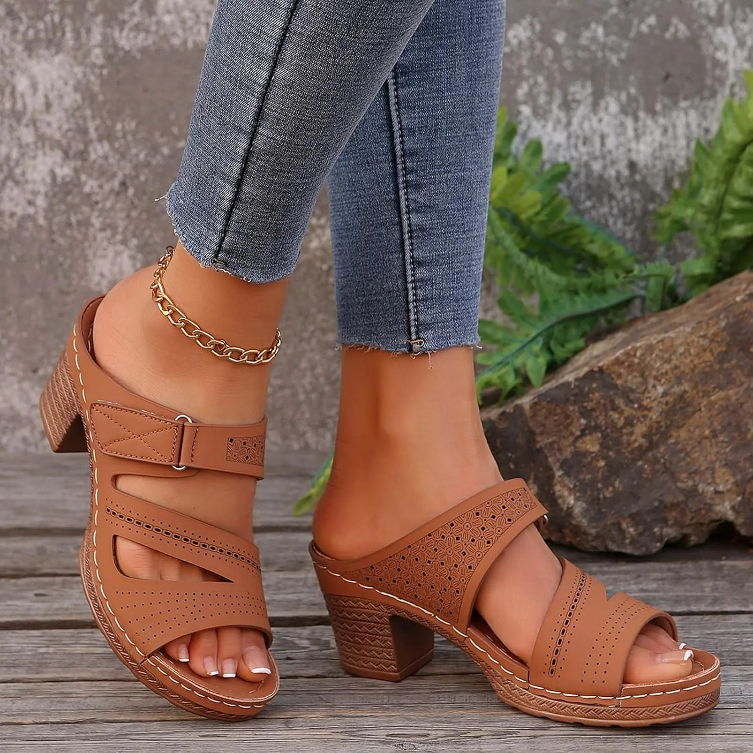 Low Block Chunky Heels Sandals for Women 2025 Sexy Platform Heels for Women Boho Comfortable Open Toe Sandals Summer Casual & Party Sandal Adjustable Slide Walking Shoes Summer Slippers 2025
