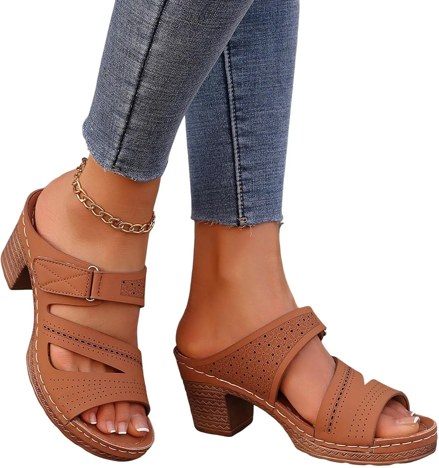 Low Block Chunky Heels Sandals for Women 2025 Sexy Platform Heels for Women Boho Comfortable Open Toe Sandals Summer Casual & Party Sandal Adjustable Slide Walking Shoes Summer Slippers 2025