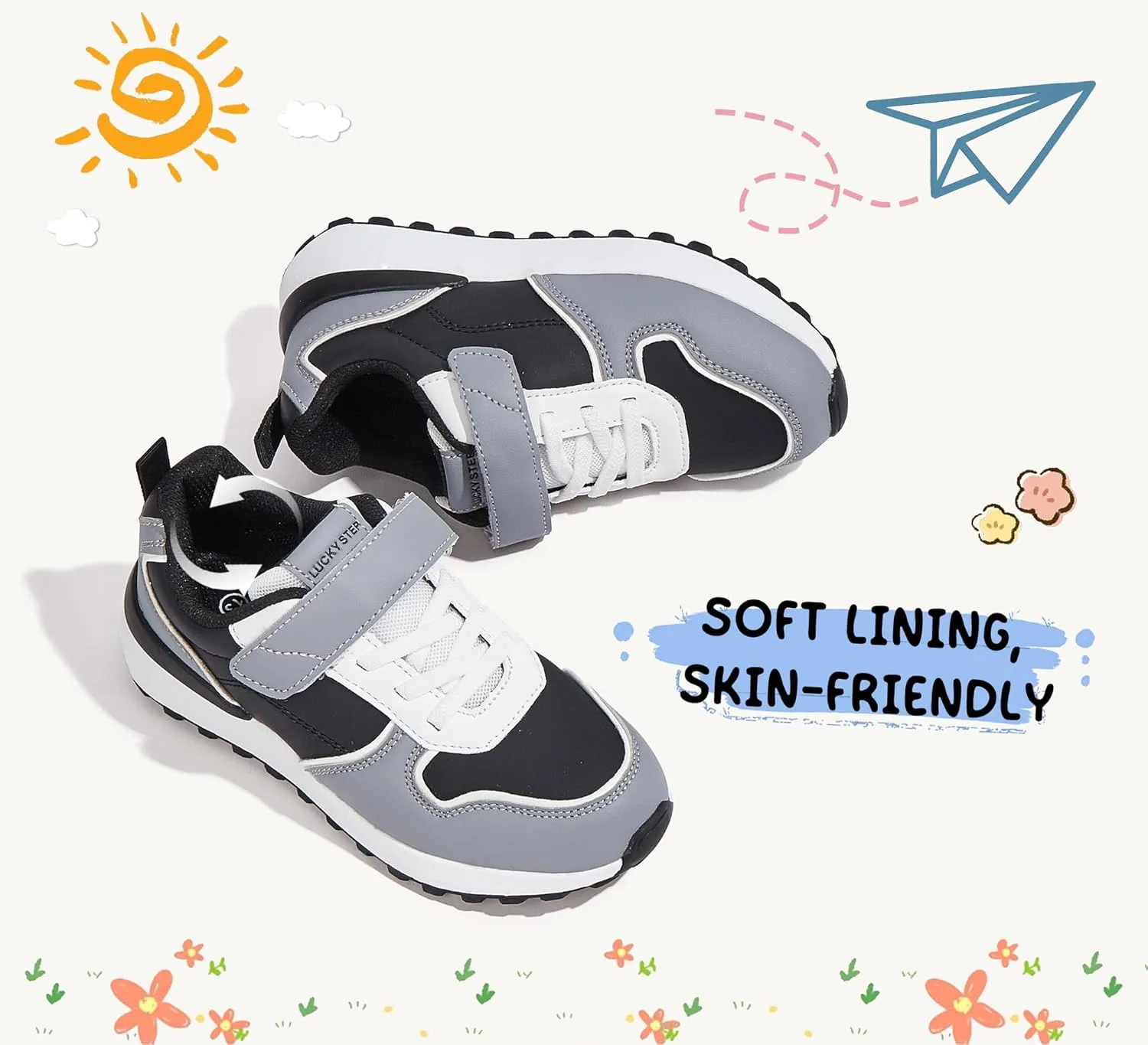 LUCKY STEP Kids Sneakers for Girls Boys Running Non-Slip Tennis Casual Walking Shoes Hook and Loop Unisex-Child Storybook Shoes for Big Kids, Little Kids & Toddlers