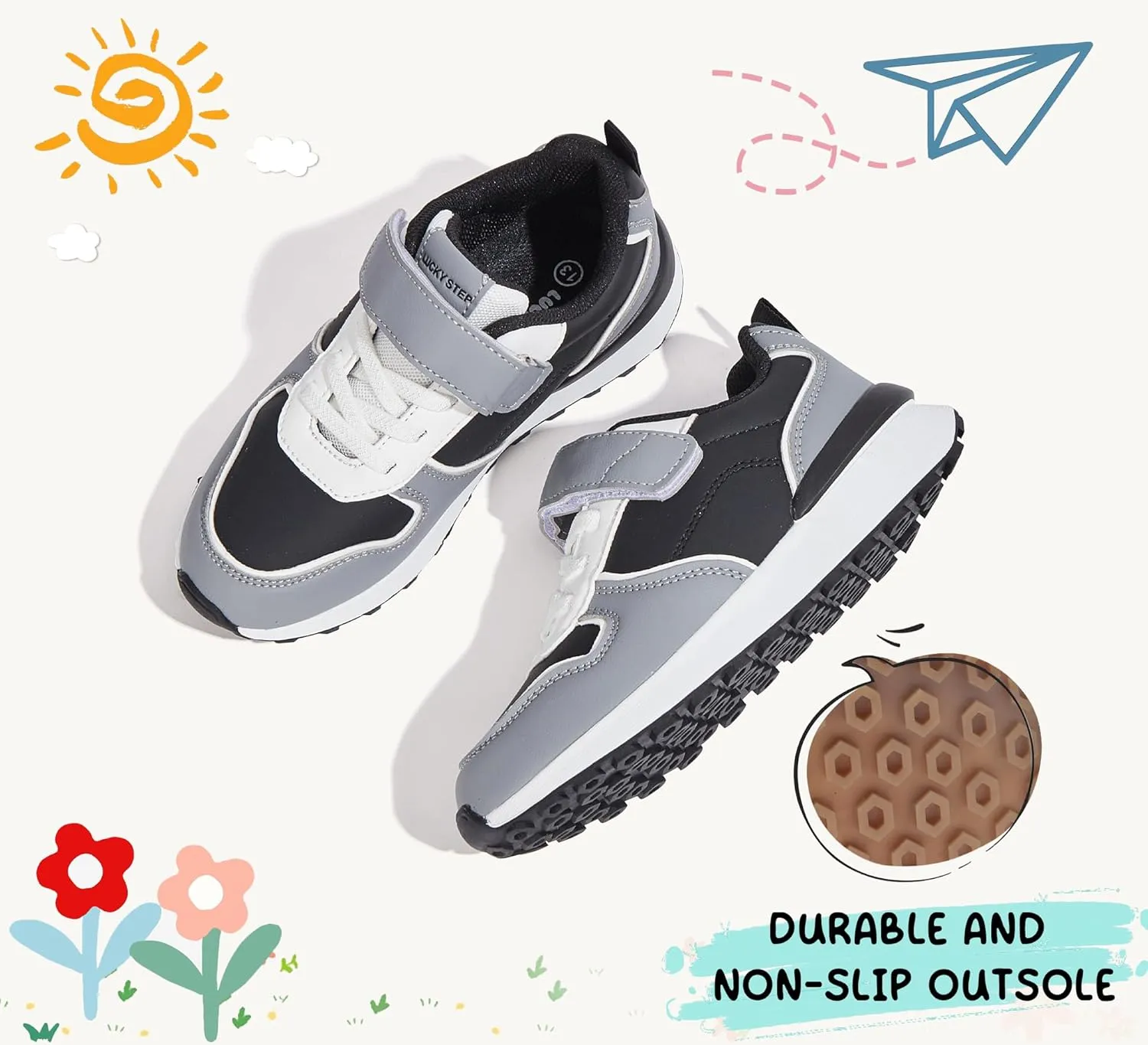 LUCKY STEP Kids Sneakers for Girls Boys Running Non-Slip Tennis Casual Walking Shoes Hook and Loop Unisex-Child Storybook Shoes for Big Kids, Little Kids & Toddlers