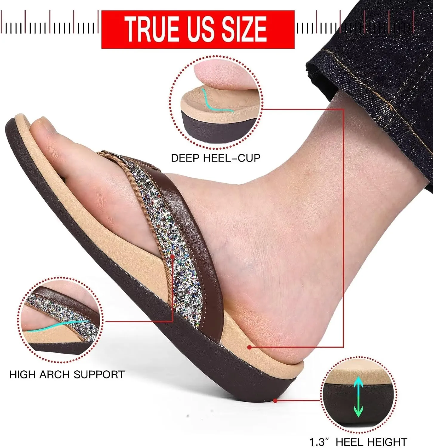 MEGNYA Comfortable Walking Flip Flops for Womens, Orthopedic Walking Sandals with Arch Support, Flat Feet Pain Relief Sandals for Beach, Summer, Pool