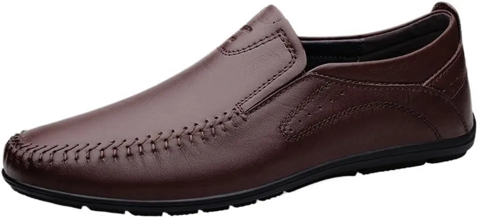 Mens Loafers Round Toe Leather Loafer Shoes Slip Resistant Flat Heel Lightweight Walking Casual Slip-ons