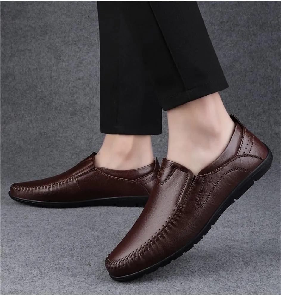 Mens Loafers Round Toe Leather Loafer Shoes Slip Resistant Flat Heel Lightweight Walking Casual Slip-ons