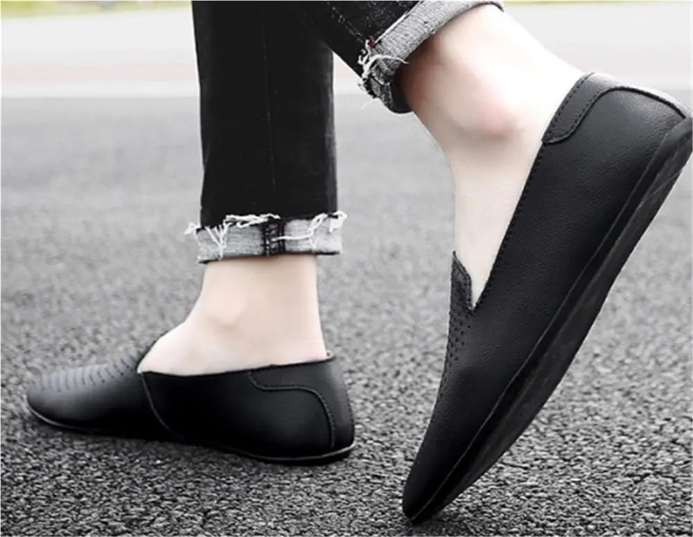 Mens Loafers Shoe Genuine Leather Pointed Toe Perforated Breathable Rubber Sole Comfortable Slip Resistant Anti-Slip Outdoor Slip-ons