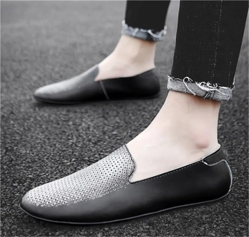 Mens Loafers Shoe Genuine Leather Pointed Toe Perforated Breathable Rubber Sole Comfortable Slip Resistant Anti-Slip Outdoor Slip-ons