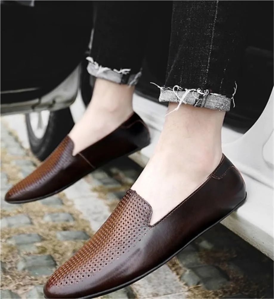 Mens Loafers Shoe Genuine Leather Pointed Toe Perforated Breathable Rubber Sole Comfortable Slip Resistant Anti-Slip Outdoor Slip-ons