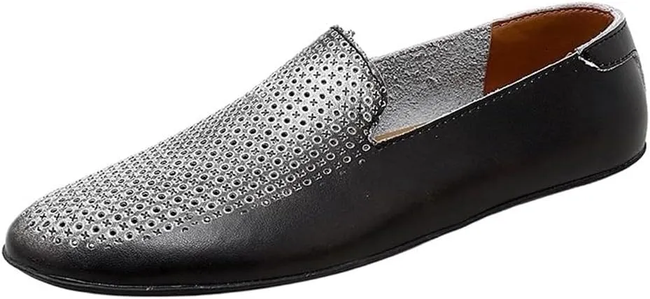 Mens Loafers Shoe Genuine Leather Pointed Toe Perforated Breathable Rubber Sole Comfortable Slip Resistant Anti-Slip Outdoor Slip-ons