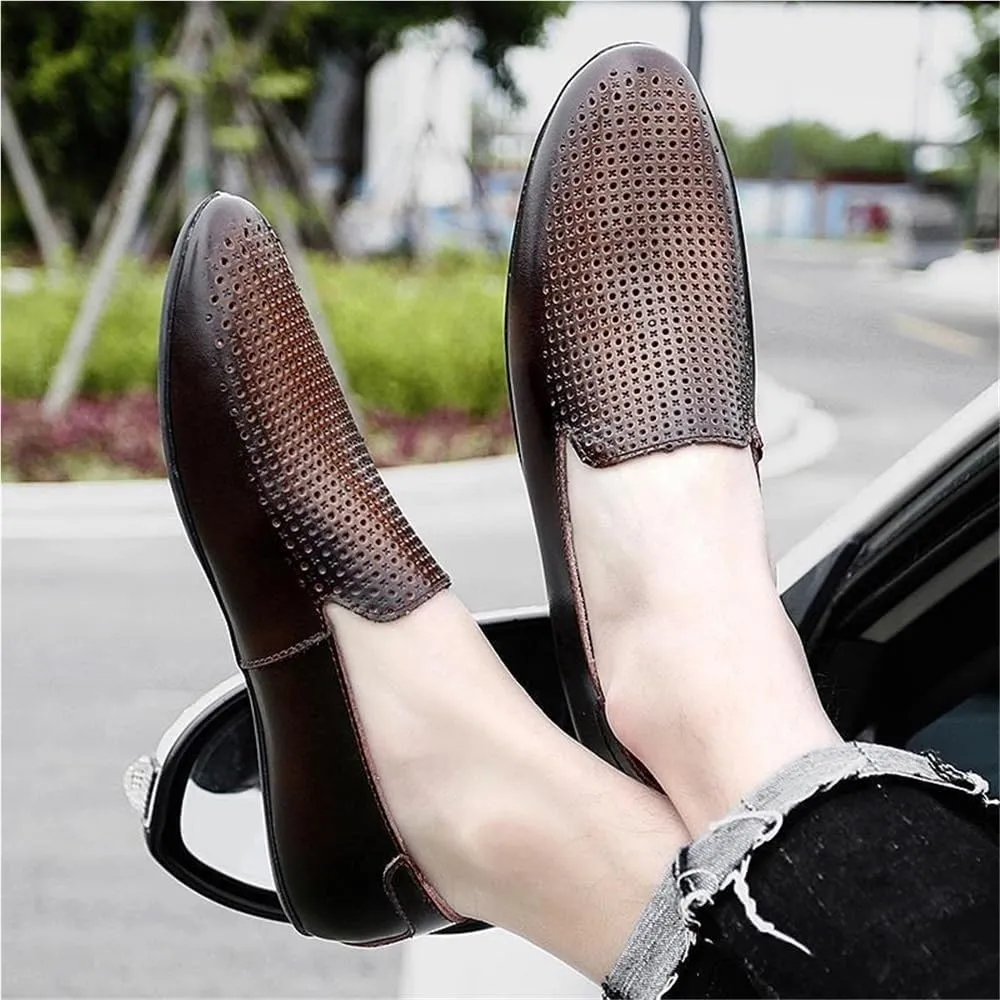 Mens Loafers Shoe Genuine Leather Pointed Toe Perforated Breathable Rubber Sole Comfortable Slip Resistant Anti-Slip Outdoor Slip-ons