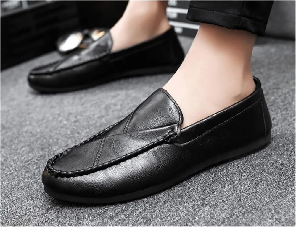 Mens Loafers Shoe Round Toe Solid Color Faux Leather Flat Heel Lightweight Comfortable Prom Slip-ons