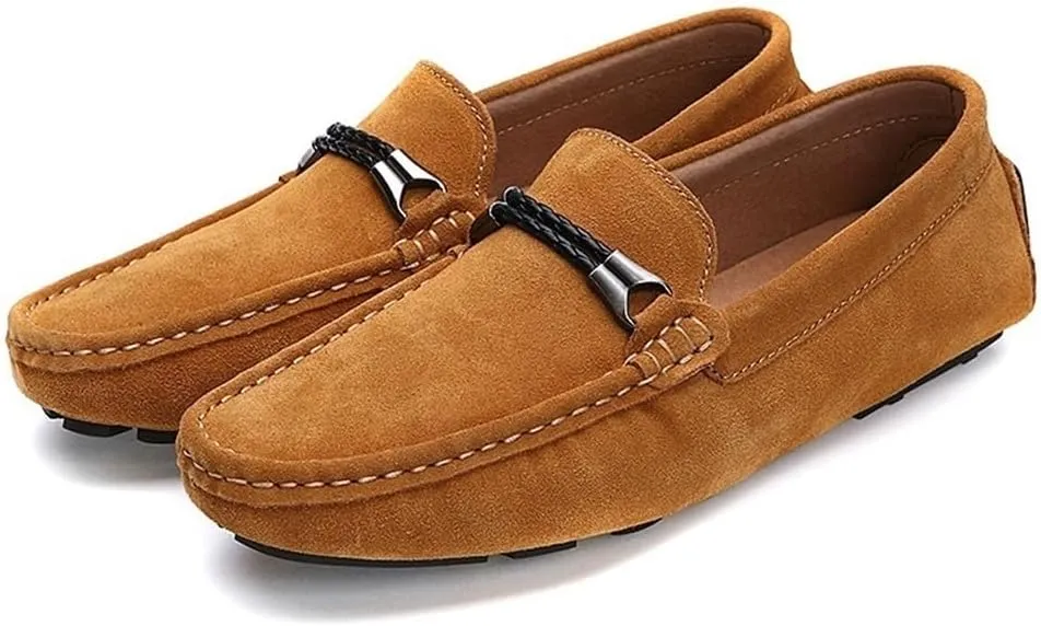 Mens Loafers Shoe Square Toe Nubuck Leather Driving Moccasins Loafers Anti-Slip Flat Heel Comfortable Outdoor Slip-ons