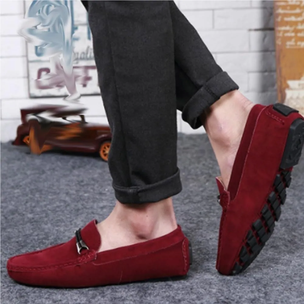 Mens Loafers Shoe Square Toe Nubuck Leather Driving Moccasins Loafers Anti-Slip Flat Heel Comfortable Outdoor Slip-ons