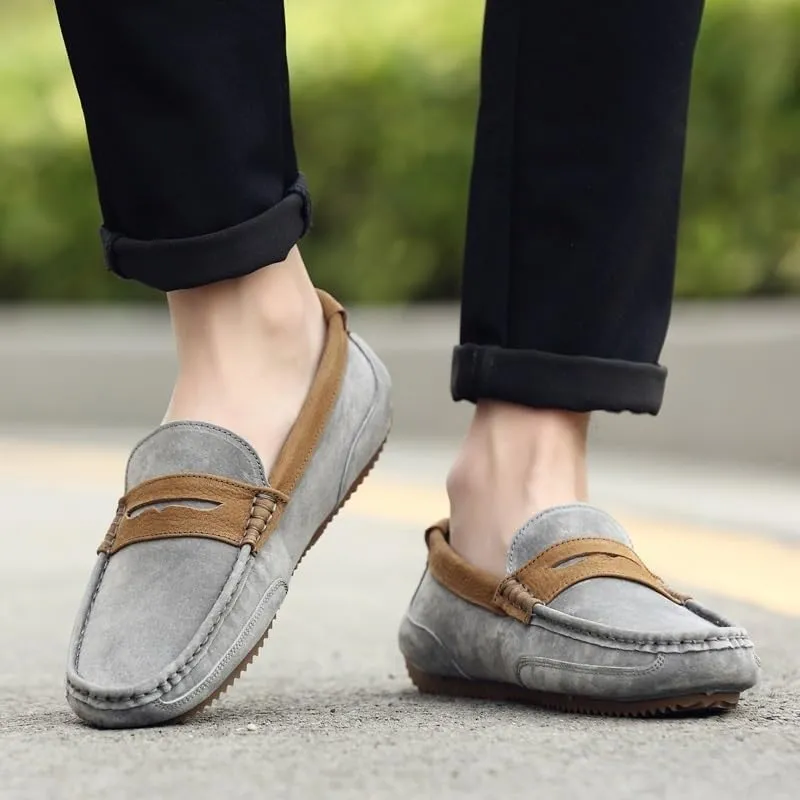 Men's Loafers Shoes Round Toe Faux Leather Patchwork Suede Vamp Lightweight Flat Heel Anti-Slip Fashion Slip-ons