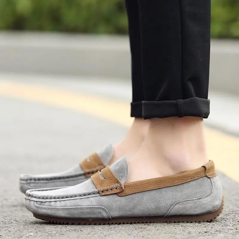 Men's Loafers Shoes Round Toe Faux Leather Patchwork Suede Vamp Lightweight Flat Heel Anti-Slip Fashion Slip-ons
