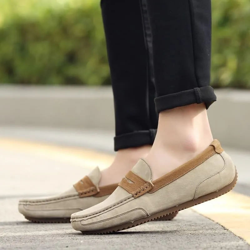 Men's Loafers Shoes Round Toe Faux Leather Patchwork Suede Vamp Lightweight Flat Heel Anti-Slip Fashion Slip-ons