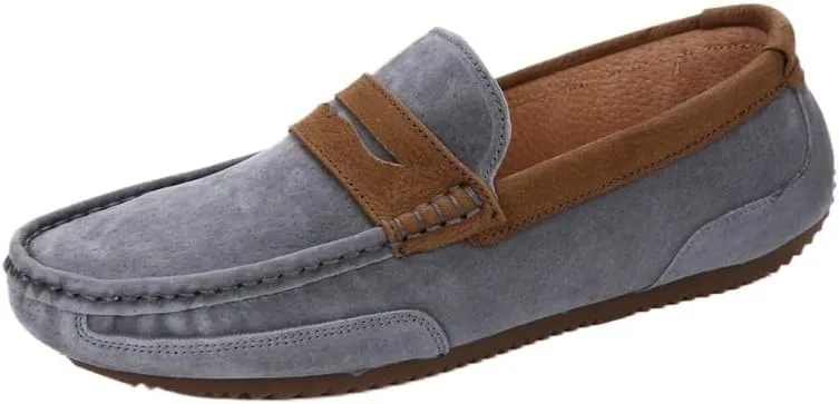 Men's Loafers Shoes Round Toe Faux Leather Patchwork Suede Vamp Lightweight Flat Heel Anti-Slip Fashion Slip-ons