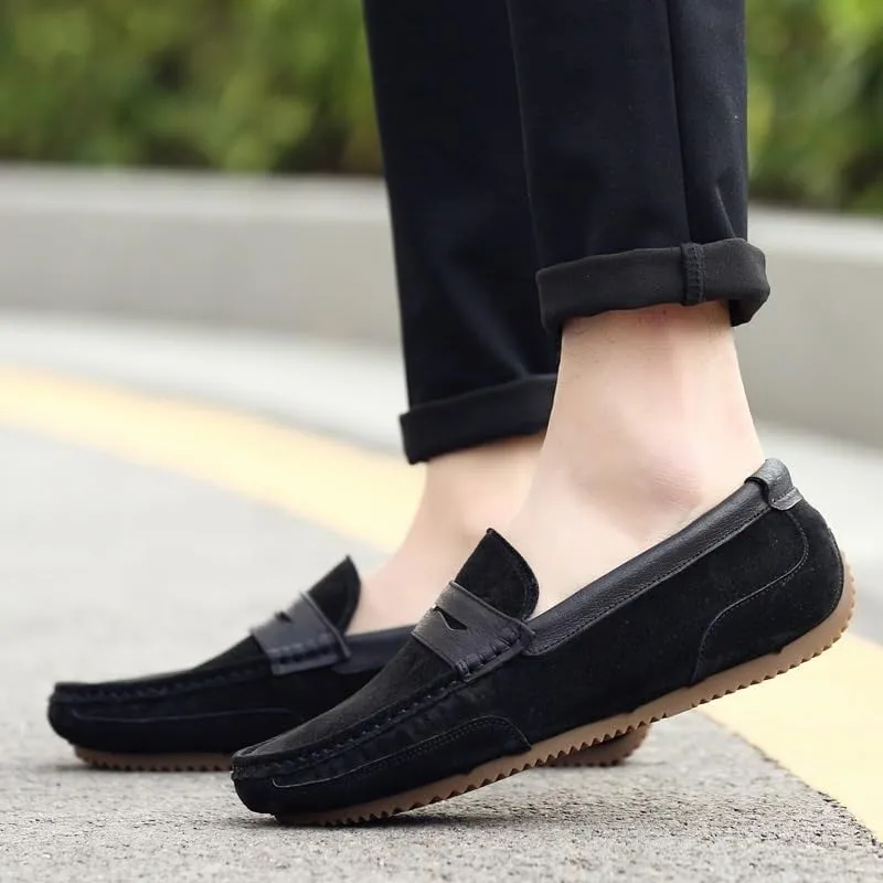 Men's Loafers Shoes Round Toe Faux Leather Patchwork Suede Vamp Lightweight Flat Heel Anti-Slip Fashion Slip-ons