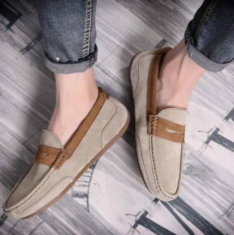 Men's Loafers Shoes Round Toe Faux Leather Patchwork Suede Vamp Lightweight Flat Heel Anti-Slip Fashion Slip-ons