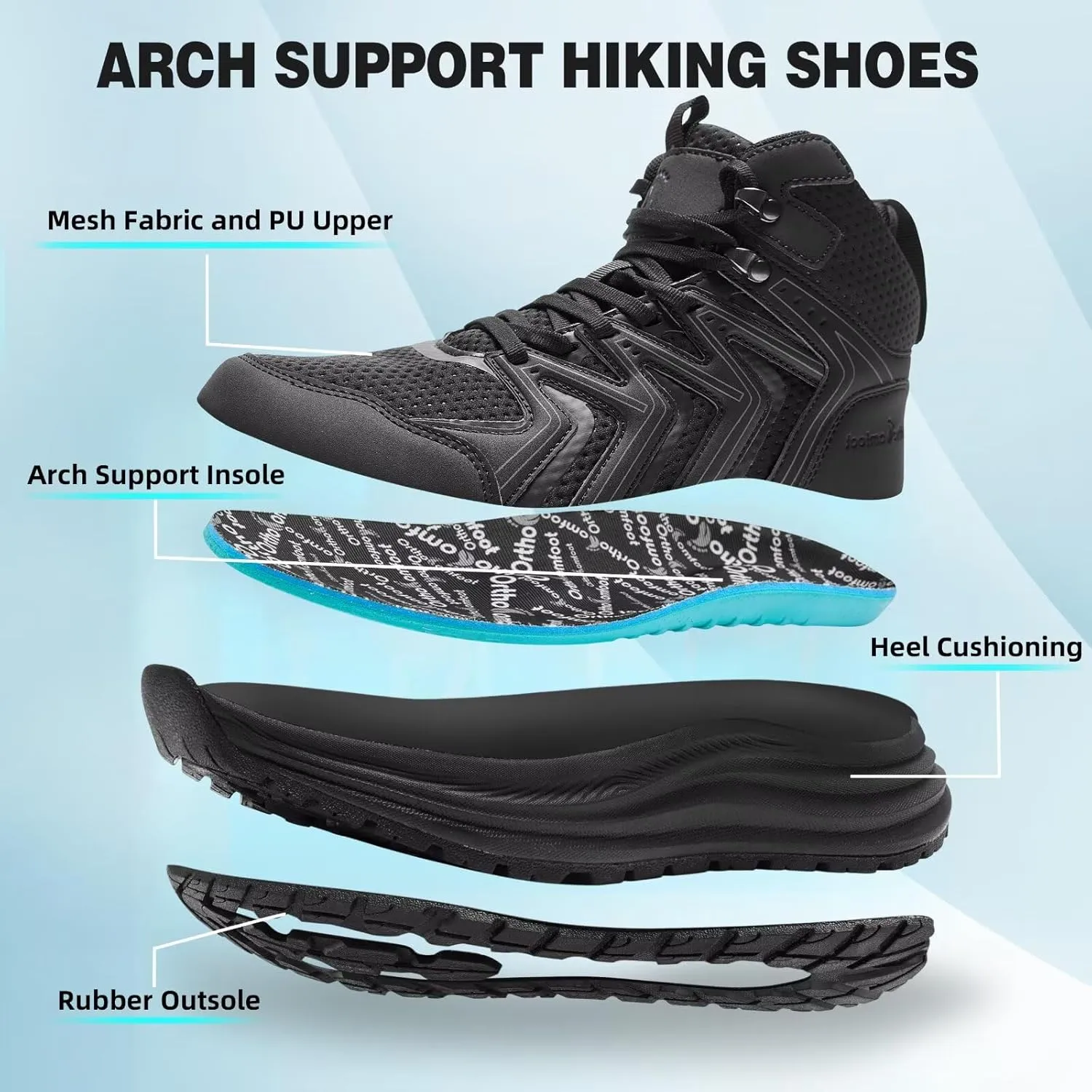 Men's Orthopedic Mid Trekking Hiking Boots: Comfortable Plantar Fasciitis Ankle Support Work Walking Running Shoes, Orthotic Cushion Sport Gym Cross Training Trail Sneakers for Foot Heel Pain Relief