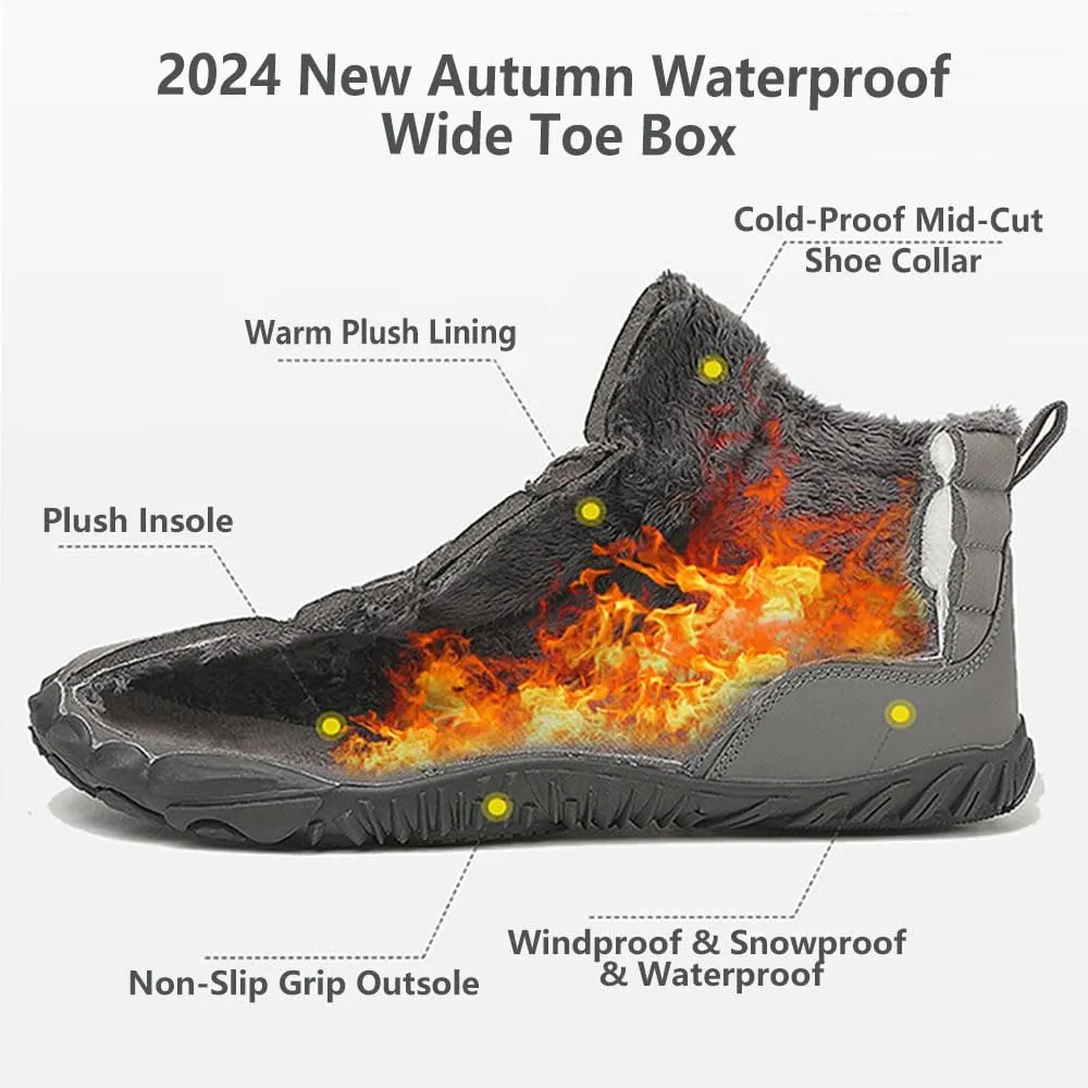 Men's Women's Winter Barefoot Hiking Boots, Slip On Warm Zero Drop Snow Boot, Wide Toe Box Ankle Booties, Minimalist Waterproof Shoes