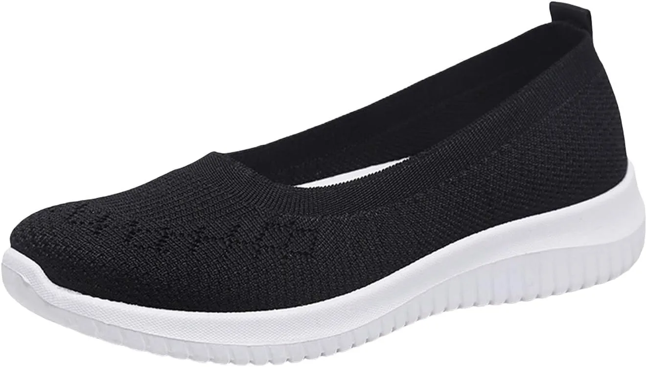 Mmoneyake Walk Shoes for Women Woven Orthopedic Breathable Soft Shoes Knit Low Wedge Dressy Ballet Shoes Arch Support Walking Shoes Slip On Diabetic Foam Shoes Sneakers