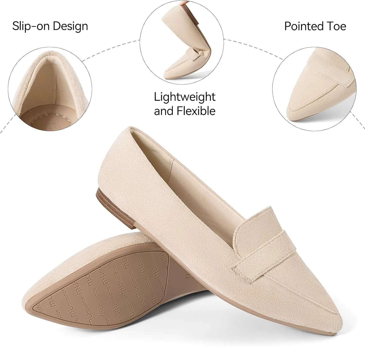 MUSSHOE Women's Flats, Comfortable Pointed Toe Flats for Women Soft Suede Women's Loafers & Slip-ons for Work Dating and Casual