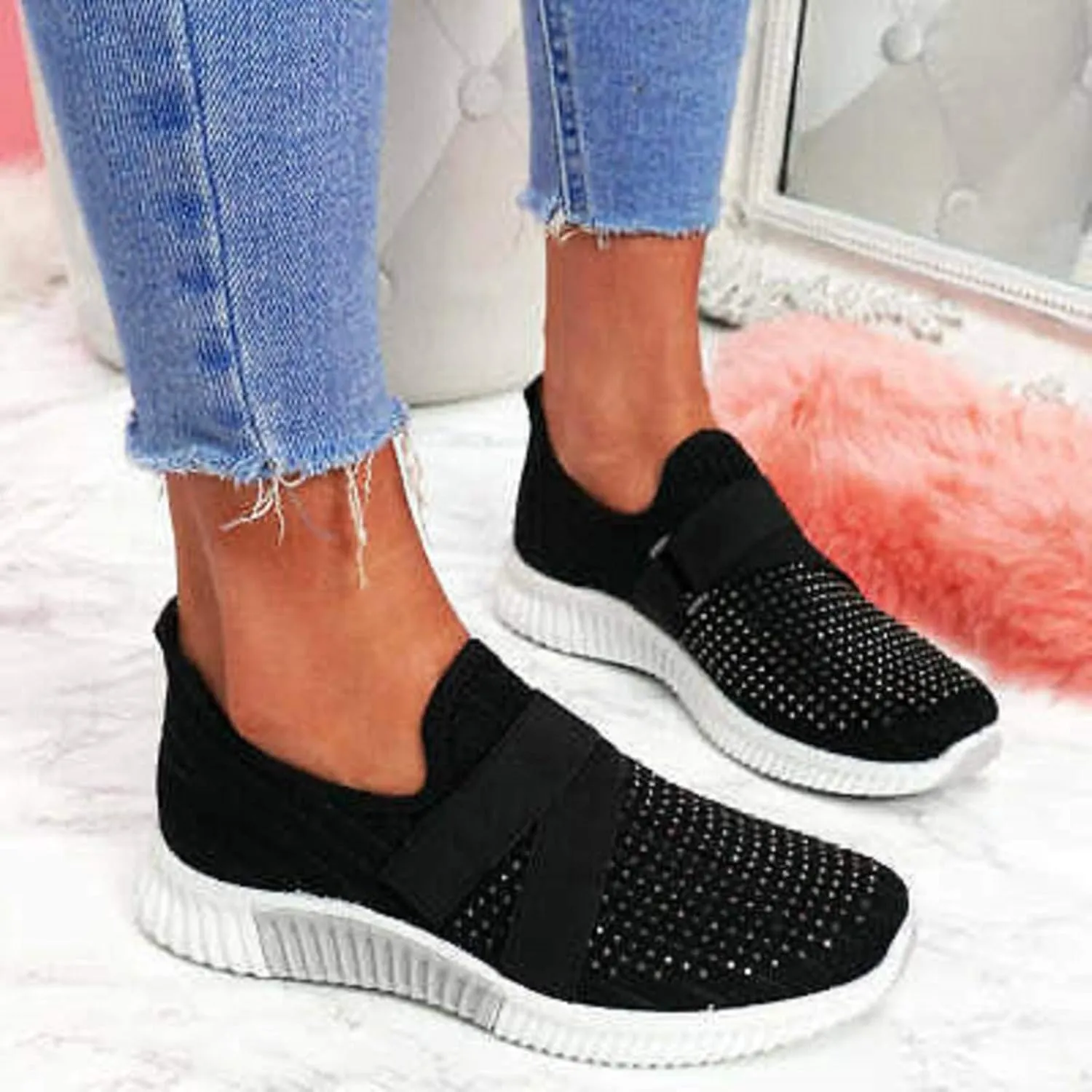 Nursing Shoes for Women Fashion Outdoor Breathable Slip-on Shoes Comfortable Versatile Rhinestone Sneakers