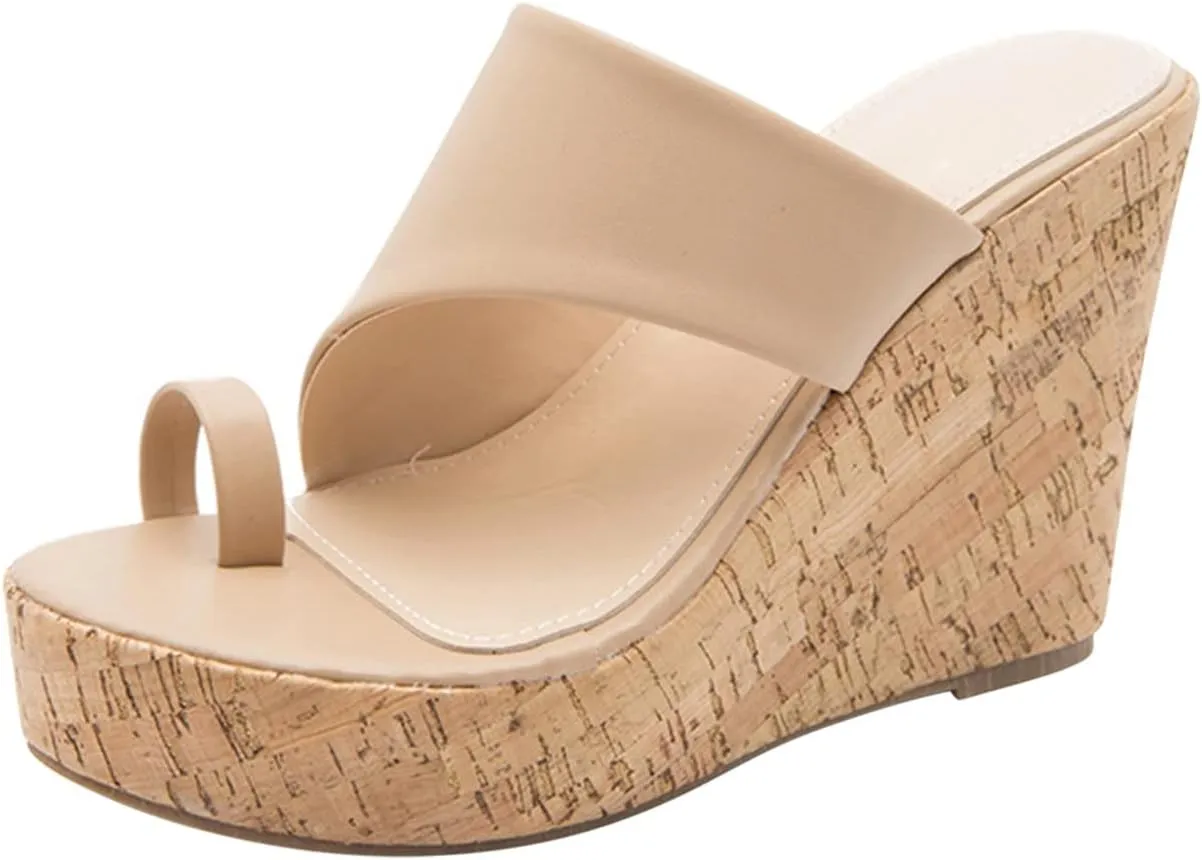 oiangi Chunky Sandals for Women High Heels Summer Casual Toe Ring Open Toe Slip-on Imitation Wood Wedge Platform Flip Flops Comfy Outdoor Ladies Shoes Slipper