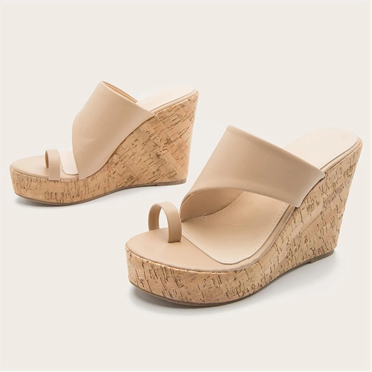oiangi Chunky Sandals for Women High Heels Summer Casual Toe Ring Open Toe Slip-on Imitation Wood Wedge Platform Flip Flops Comfy Outdoor Ladies Shoes Slipper