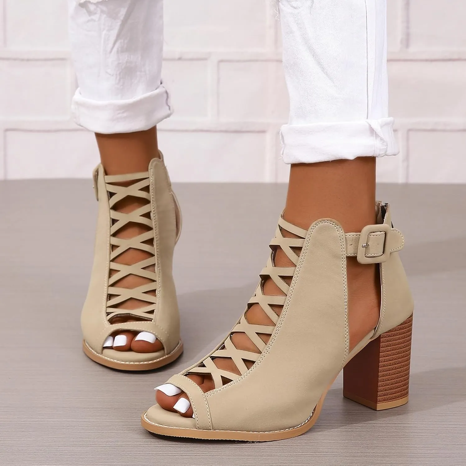 SACFOF Women Platform Open Toe Sandals Crisscross Straps Back Zipper High Heel Fashion Sandal with Ankle Strap