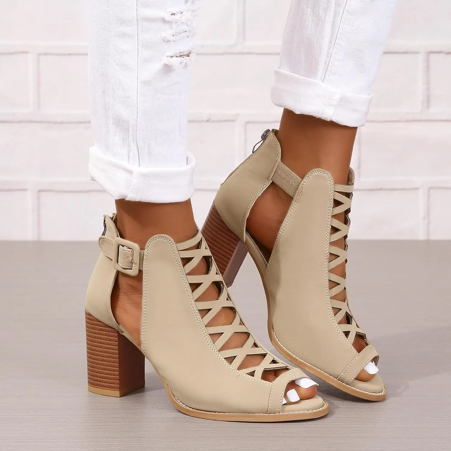 SACFOF Women Platform Open Toe Sandals Crisscross Straps Back Zipper High Heel Fashion Sandal with Ankle Strap