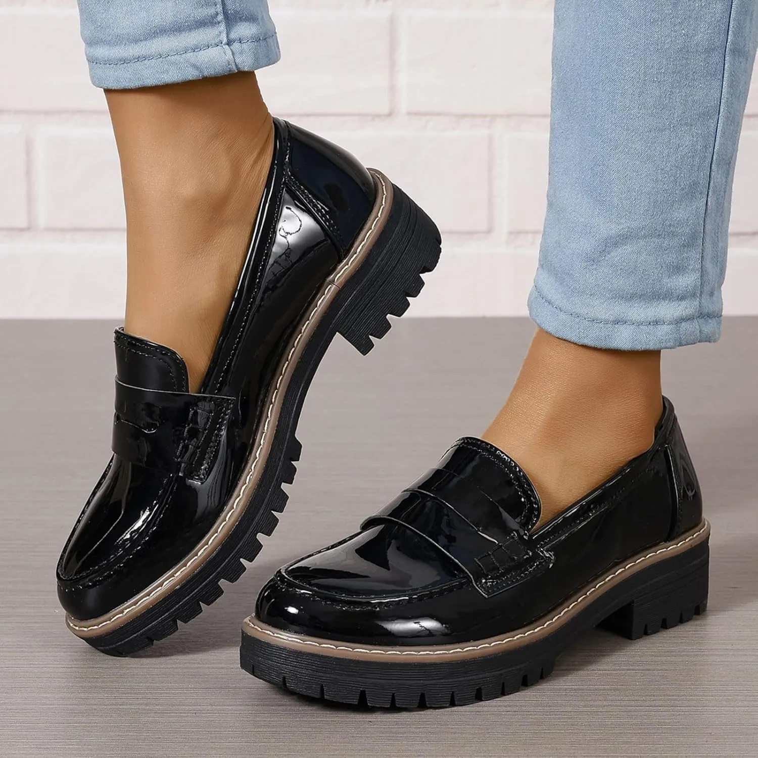 SACFOF Women's Chunky Loafers Leather Platform Chunky Loafer Comfortable Slip On Shoes Business Casual Work Shoes