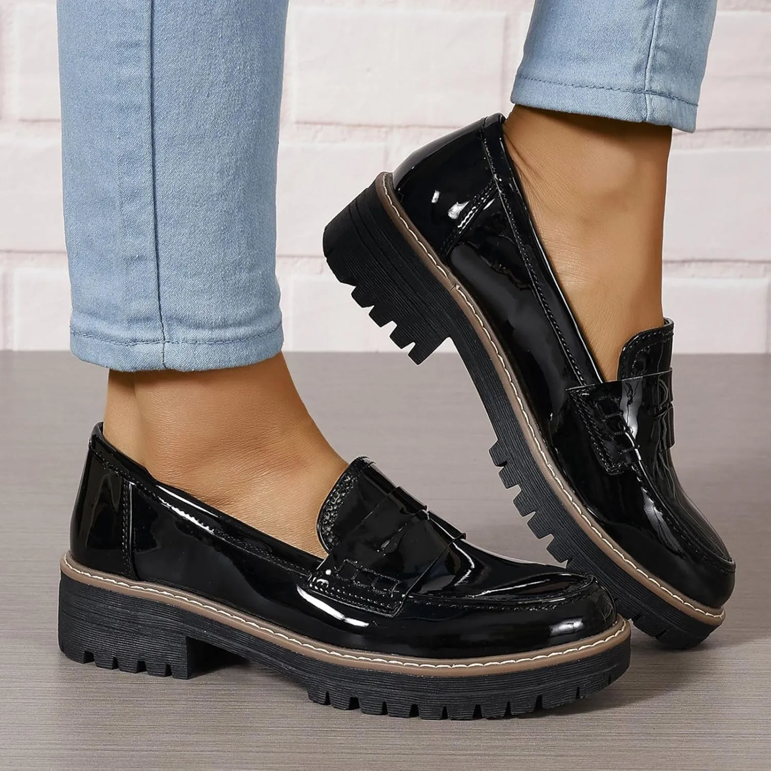 SACFOF Women's Chunky Loafers Leather Platform Chunky Loafer Comfortable Slip On Shoes Business Casual Work Shoes