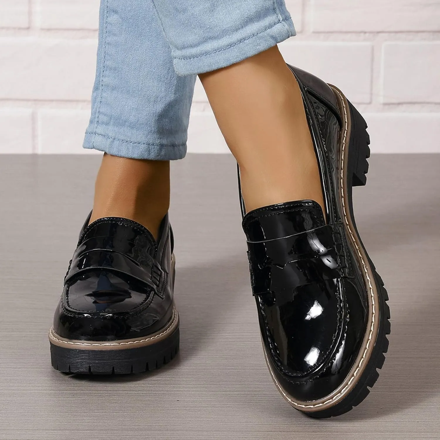 SACFOF Women's Chunky Loafers Leather Platform Chunky Loafer Comfortable Slip On Shoes Business Casual Work Shoes
