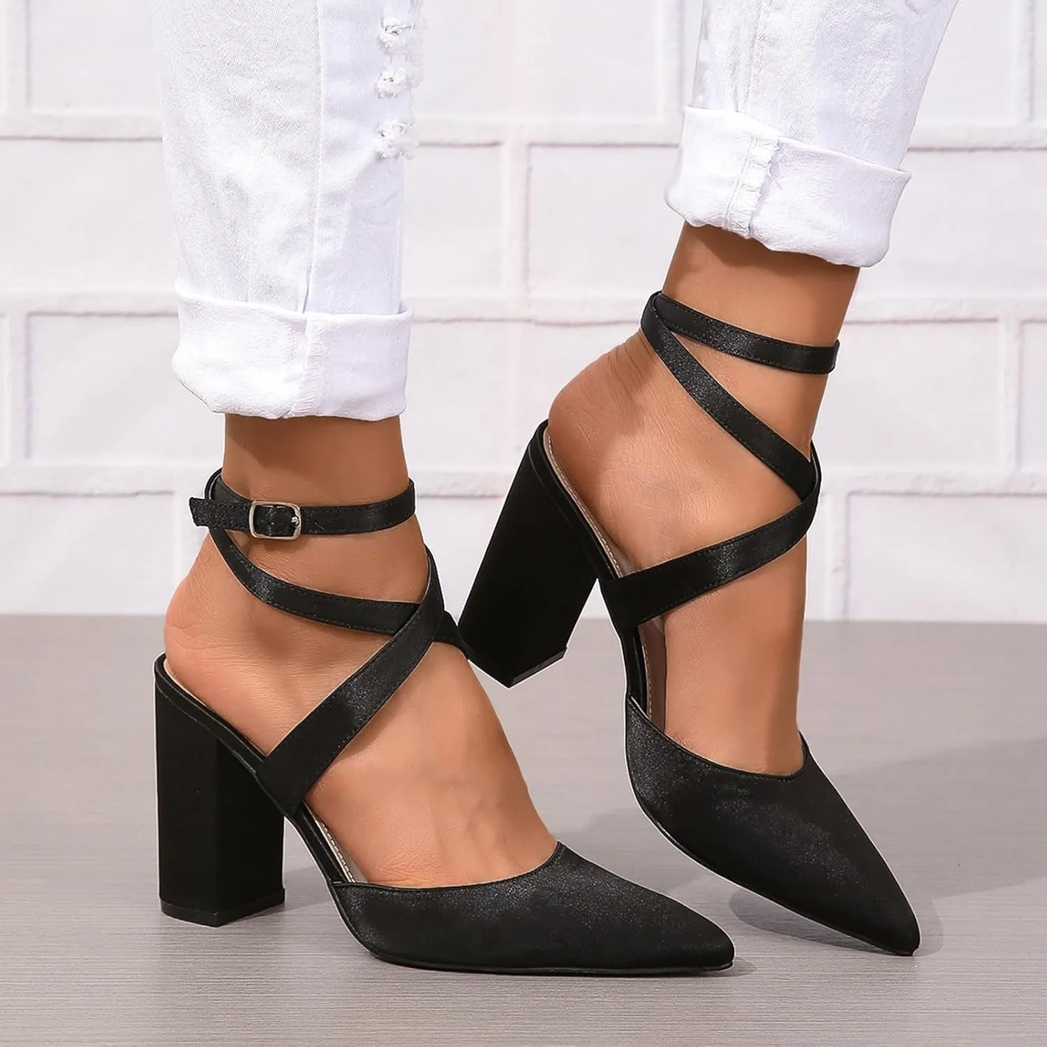 SACFOF Women's Pumps Shoes Summer Pointed Toe Chunky Heeled Ankle Strap Closed Toe Wedding Party Dress Sandals