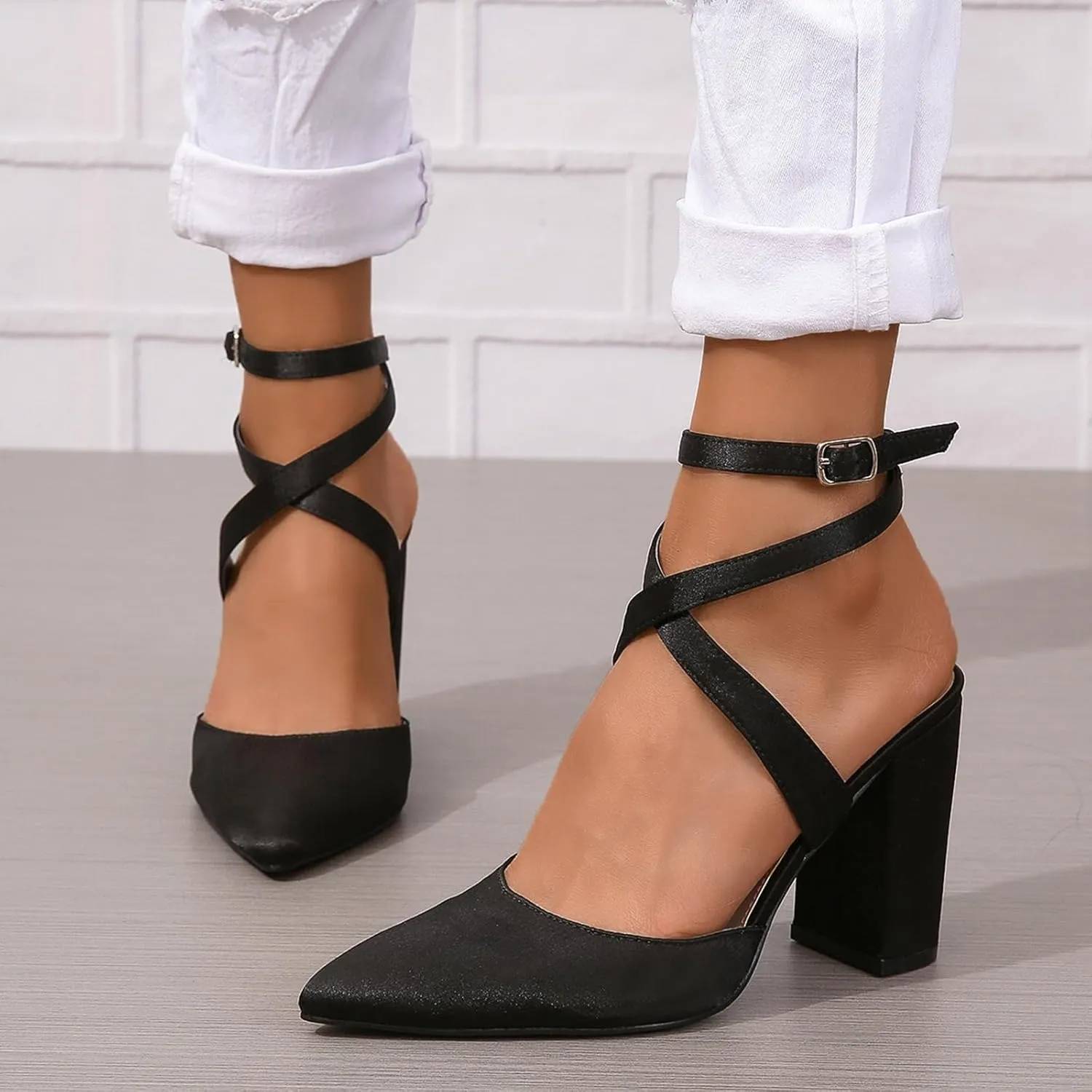 SACFOF Women's Pumps Shoes Summer Pointed Toe Chunky Heeled Ankle Strap Closed Toe Wedding Party Dress Sandals
