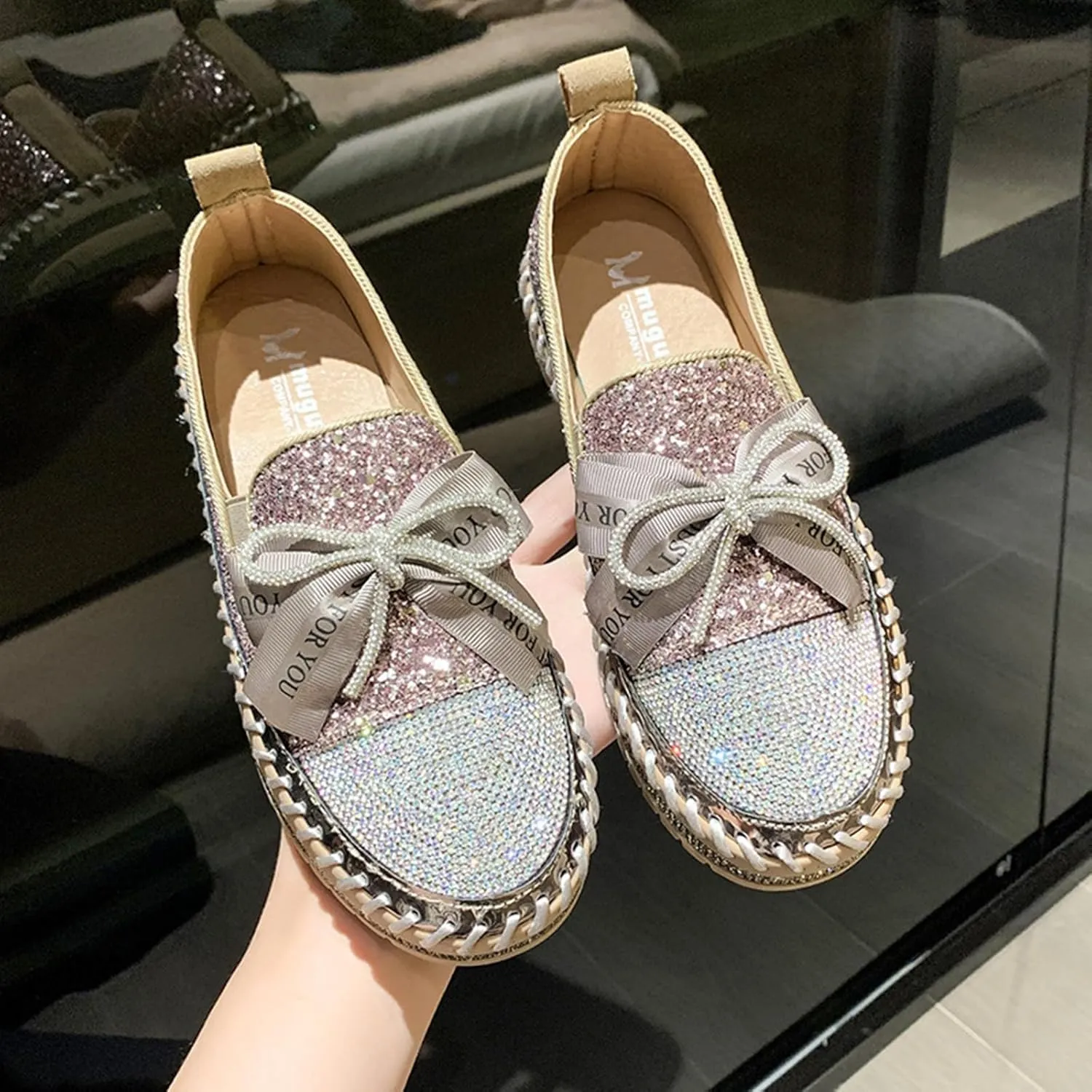 SACFOF Women's Rhinestones Glitter Bow Platform Loafers Casual Slip-On Sequin Platform Dress Shoes Flat Walking Loafers