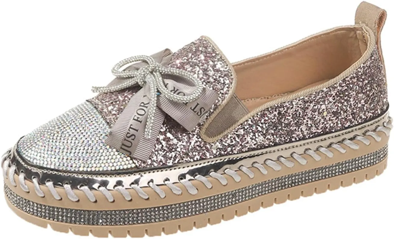 SACFOF Women's Rhinestones Glitter Bow Platform Loafers Casual Slip-On Sequin Platform Dress Shoes Flat Walking Loafers