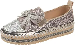SACFOF Women's Rhinestones Glitter Bow Platform Loafers Casual Slip-On Sequin Platform Dress Shoes Flat Walking Loafers