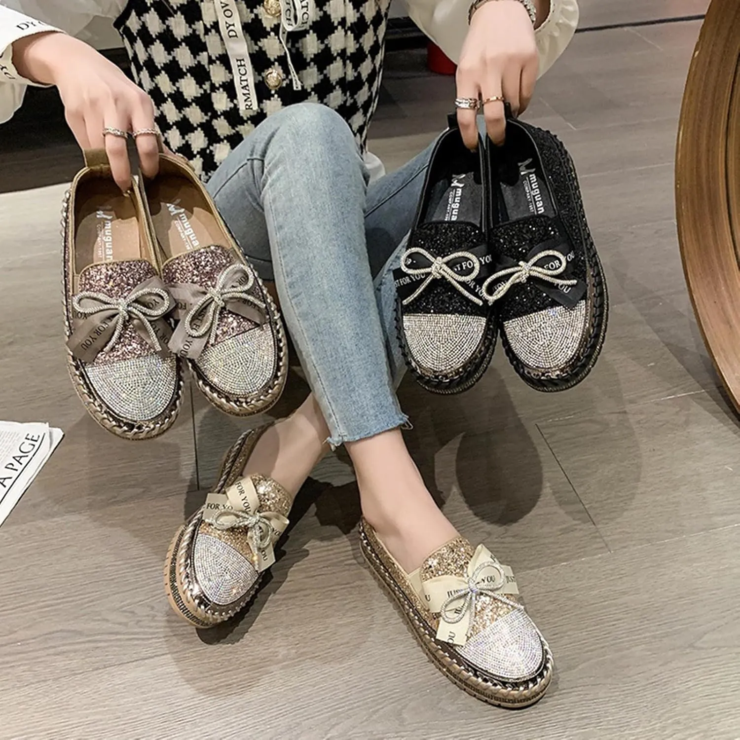 SACFOF Women's Rhinestones Glitter Bow Platform Loafers Casual Slip-On Sequin Platform Dress Shoes Flat Walking Loafers
