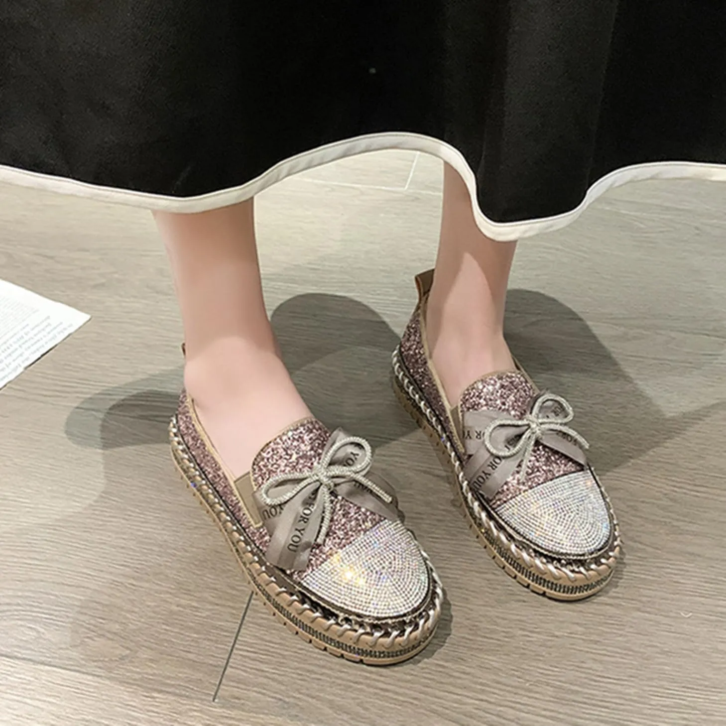 SACFOF Women's Rhinestones Glitter Bow Platform Loafers Casual Slip-On Sequin Platform Dress Shoes Flat Walking Loafers