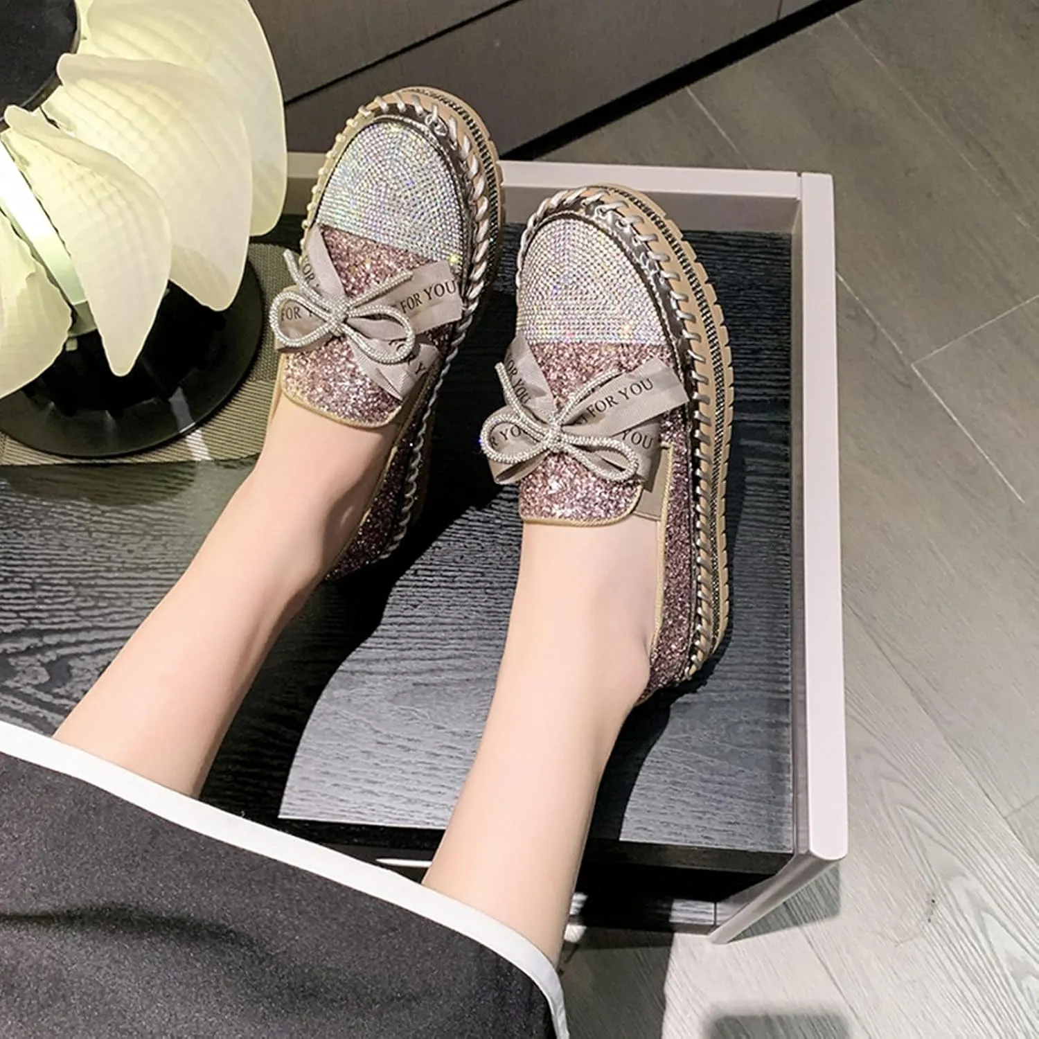 SACFOF Women's Rhinestones Glitter Bow Platform Loafers Casual Slip-On Sequin Platform Dress Shoes Flat Walking Loafers